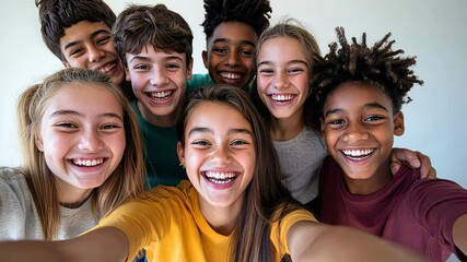 Diverse group of kids laughing and taking a selfie, faces close to the camera, joyful expressions. Plain background to focus on the group.