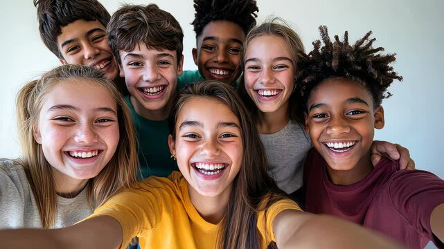 Diverse group of kids laughing and taking a selfie, faces close to the camera, joyful expressions. Plain background to focus on the group.