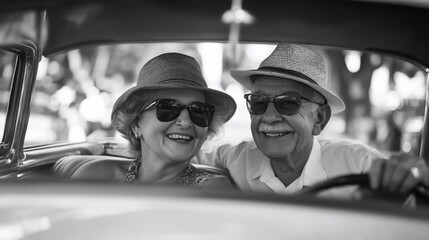 Happy senior couple wearing hats and sunglasses smiling inside a classic car.