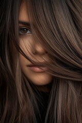 Naklejka premium Close-up of a woman's face with flowing hair highlighting her features