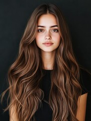 Fototapeta premium Young woman with long hair poses against a dark background in studio