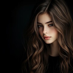 Fototapeta premium A young woman with long, wavy hair poses against a dark background