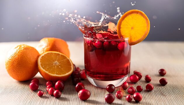  Clear glass serves sweet and tart cranberry juice with a splash of orange, garnished with f_1(1004)