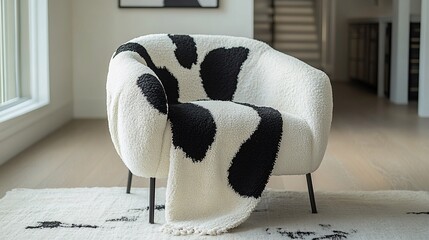 A white armchair with black cowhide print throw in a modern living room.