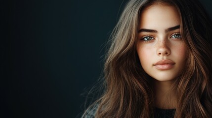 Fototapeta premium Young woman with long hair and blue eyes poses against dark backdrop