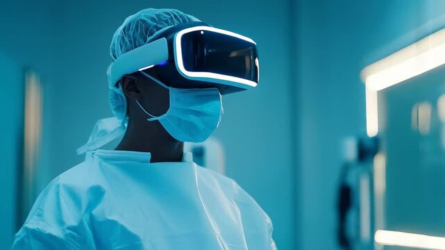 Surgeon in VR headset in operating room. Virtual reality, augmented reality concept. VR / AR metaverse simulation. Medical training and future medicine
