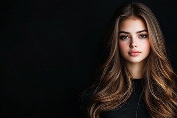 Fototapeta premium Young woman with long wavy hair posing against a dark backdrop