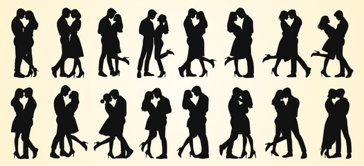 Silhouettes of couples in romantic poses, showing intimate moments of affection.