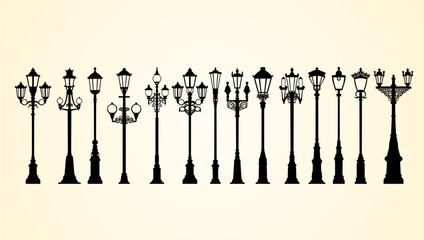 A collection of vintage-style street lamp silhouettes in various ornate designs.