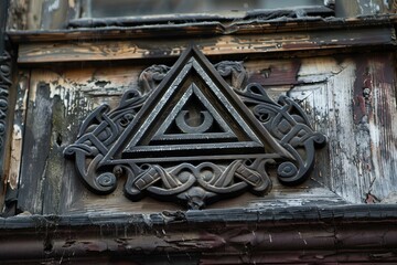 Old wooden facade with peeling paint adorned with an ancient triangle symbol, showcasing intricate craftsmanship and historical significance