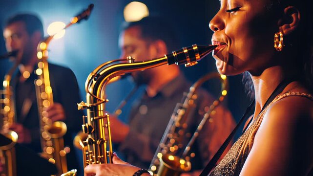 Jazz band playing musical instruments with a female vocalist singing, minimal background focusing on the performance.