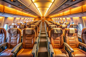 Fototapeta premium A spacious airplane interior with rows of comfortable, brown leather seats and warm ambient lighting, designed for passenger comfort during flights.