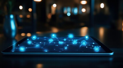 A tablet with blue glowing icons and a digital network connecting them, on a table.
