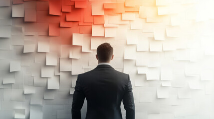 Businessman facing a wall of sticky notes, a metaphor for a challenging task.