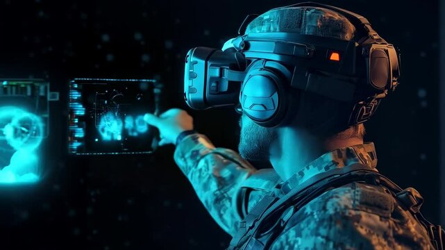 Soldier in VR headset with digital background. Futuristic interface, HUD, UI elements. Future technology. Virtual reality and augmented reality. Armed forces concept.