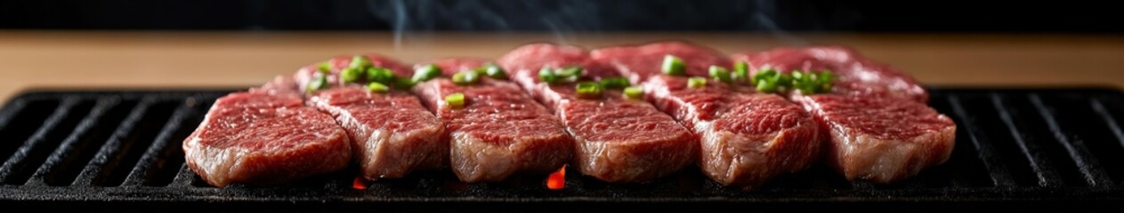 Juicy beef steaks grilling on a barbecue with fresh herbs in the kitchen