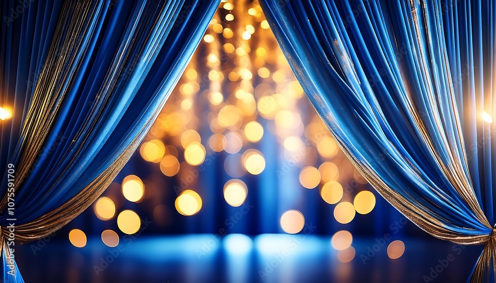 Aufkleber  Blue curtains with golden bokeh lights create a blurred background for elegant and magi_1(942)