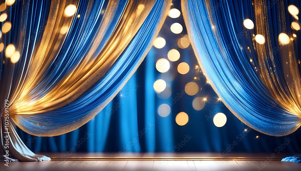 Aufkleber blue curtains with golden bokeh lights create a blurred background for elegant and magical _1(941)