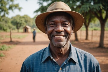 Close portrait of a smiling senior Zambian male farmer standing and looking at the camera, outdoors Zambian rural blurred background