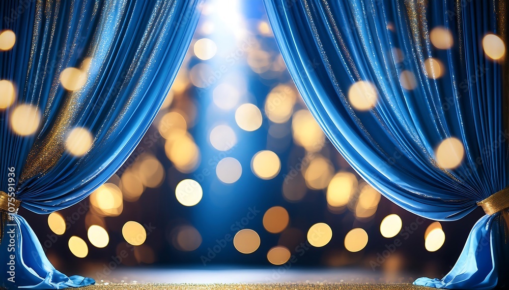Aufkleber blue curtains with golden bokeh lights create a blurred background for elegant and magical _1(940)
