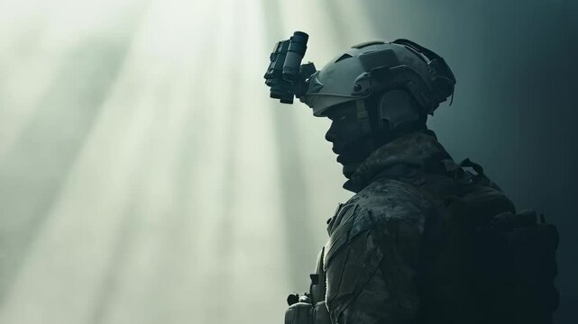 Soldier profile in smoke with light beam. Military operations and tactics concept. Special forces unit, SWAT, police. Urban warfare