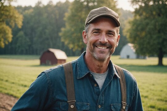 Close portrait of a smiling 40s American male farmer standing and looking at the camera, outdoors American rural blurred background