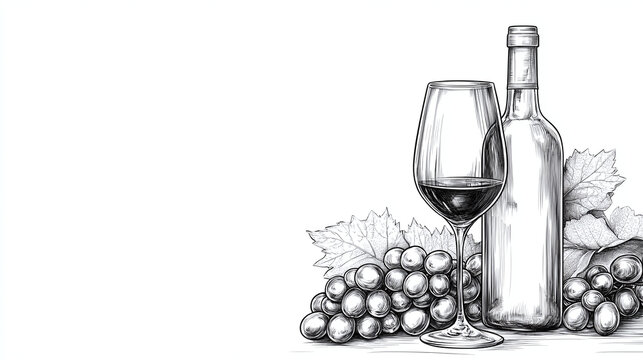 Sketch of wine glass, a bottle of wine and grapes. Draw a continuous line. Copy space, banner concept.