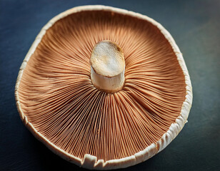 Close-up of mushroom gills, intricate patterns under mushroom cap