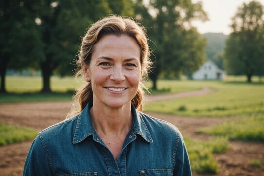 Close portrait of a smiling 40s American female farmer standing and looking at the camera, outdoors American rural blurred background