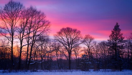 Fototapeta premium Bare trees stand out against a vibrant pink and purple sunset in this serene winter woodlan_1(877)