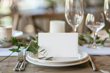 Fototapeta premium Mockup of white gift card. Greeting card at light beige background. Menu card in restaurant luxury table. Copy space for text or logo or message. 