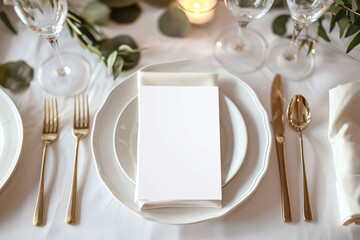 Mockup of white gift card. Greeting card at light beige background. Menu card in restaurant luxury table. Copy space for text or logo or message.	