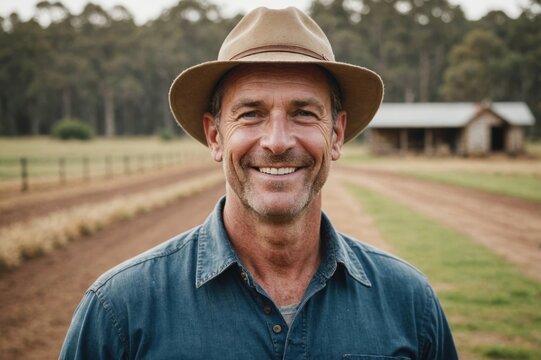 Close portrait of a smiling 40s Australian male farmer standing and looking at the camera, outdoors Australian rural blurred background