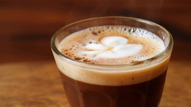 Close-up of a cortado, with equal parts espresso and steamed milk, creating a perfect balance of bold and smooth, served in a small glass, set against the warm, rustic atmosphere of a Spanish caf&eacute;.