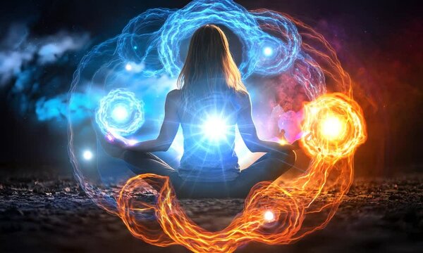A woman meditating, surrounded by vibrant cosmic colors, symbolizing inner peace and balance.