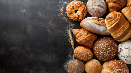 Different bakery products over dark background. Banner for advertising and design, promo close-up view with copy space, top view.	