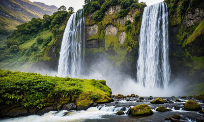 Fototapeta premium Two waterfalls cascade down a moss-covered cliff in a lush green landscape