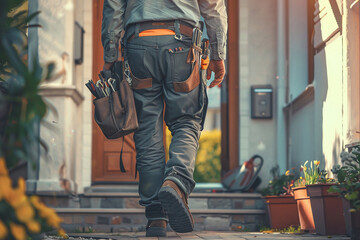 Back of professional handyman or repairman with bag and tools walking into the front door house. Close up
