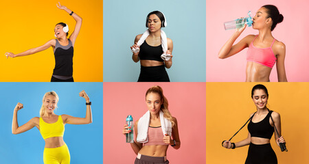 A group of diverse women is participating in various fitness activities, showcasing their enthusiasm and dedication. Each woman displays a distinct workout pose filled with energy.