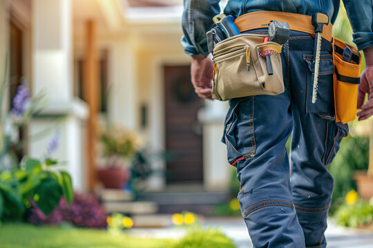 Back of professional handyman or repairman with bag and tools walking into the front door house. Close up