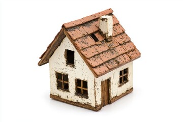 Charming Miniature House Model with Rustic Roof and Detailed Windows Perfect for Home Decor, Crafts, and Artistic Projects Featuring Earthy Tones and Unique Textures