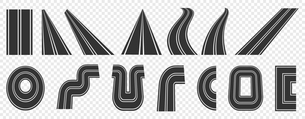 Set of street and road template isolated. Bending roads collection. Asphalt road curves, turns