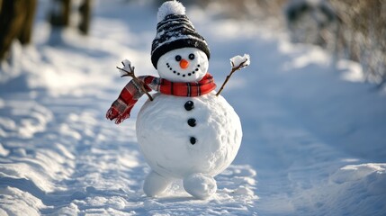 Obraz premium A cheerful and playful snowman, joyfully adorned with a colorful scarf and a classic hat, stands proudly in a beautiful snowy landscape, capturing the true festive spirit of wintertime joy