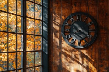 Fototapeta premium time reflections, a clock face on a wooden wall with autumn light filtering through windows, creating a serene space for reflecting on time