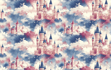 Naklejka premium A whimsical watercolor pattern featuring dreamy castles surrounded by soft, colorful clouds. Seamless pattern