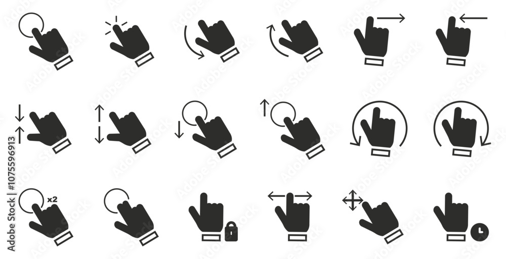 Poster Touch gesture click hand icons collection. Set of swipe hands