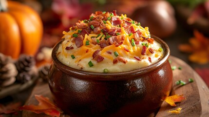 Baked potato soup garnished with shredded cheese, bacon bits, and chives, isolated on a warm autumn-themed background