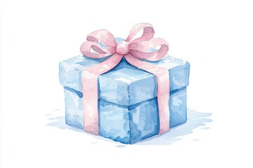 Obraz premium Cute Blue Gift Box with Pink Ribbon in Watercolor Style, Perfect for Celebrations, Birtays, and Special Occasions, Bringing Joy and Surprise