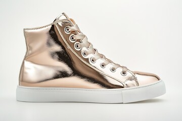 Shiny metallic gold high-top sneaker on white