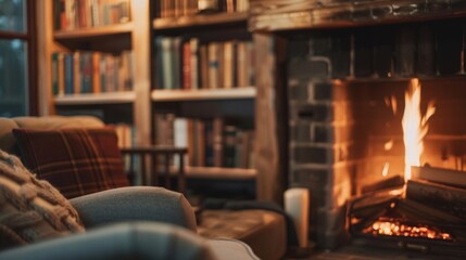 A cozy fireplace with a mantel lined with books adding a touch of warmth and coziness to the room.